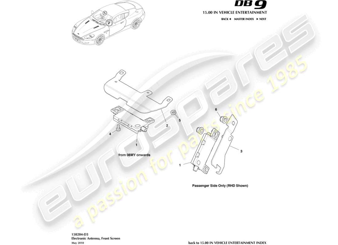 aston martin db9 (2010) antenna elettronica, diagramma delle parti del parabrezza