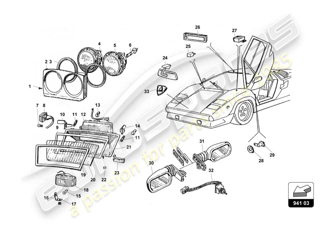 lamborghini countach 25th anniversary (1989) luci anteriori diagramma delle parti