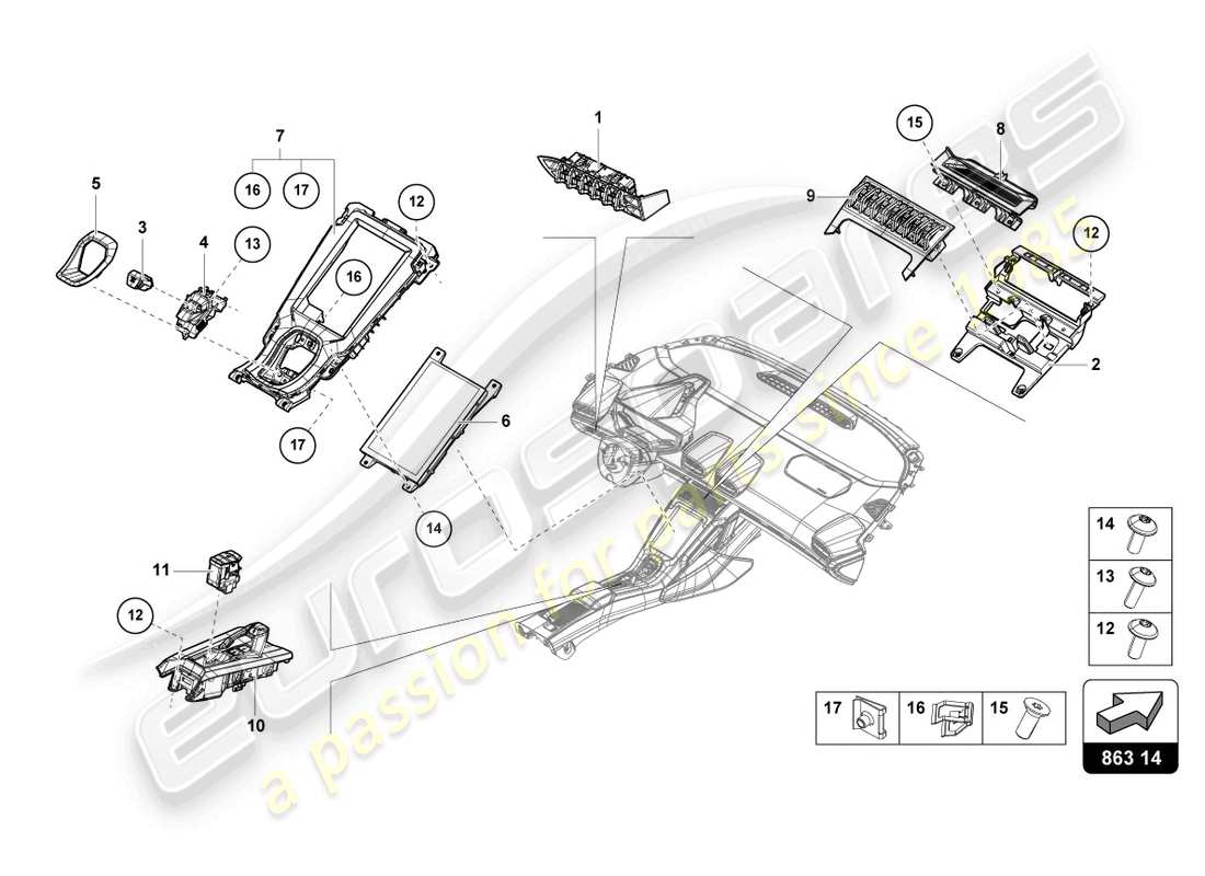 lamborghini evo spyder 2wd (2022) console centrale, parte superiore schema delle parti