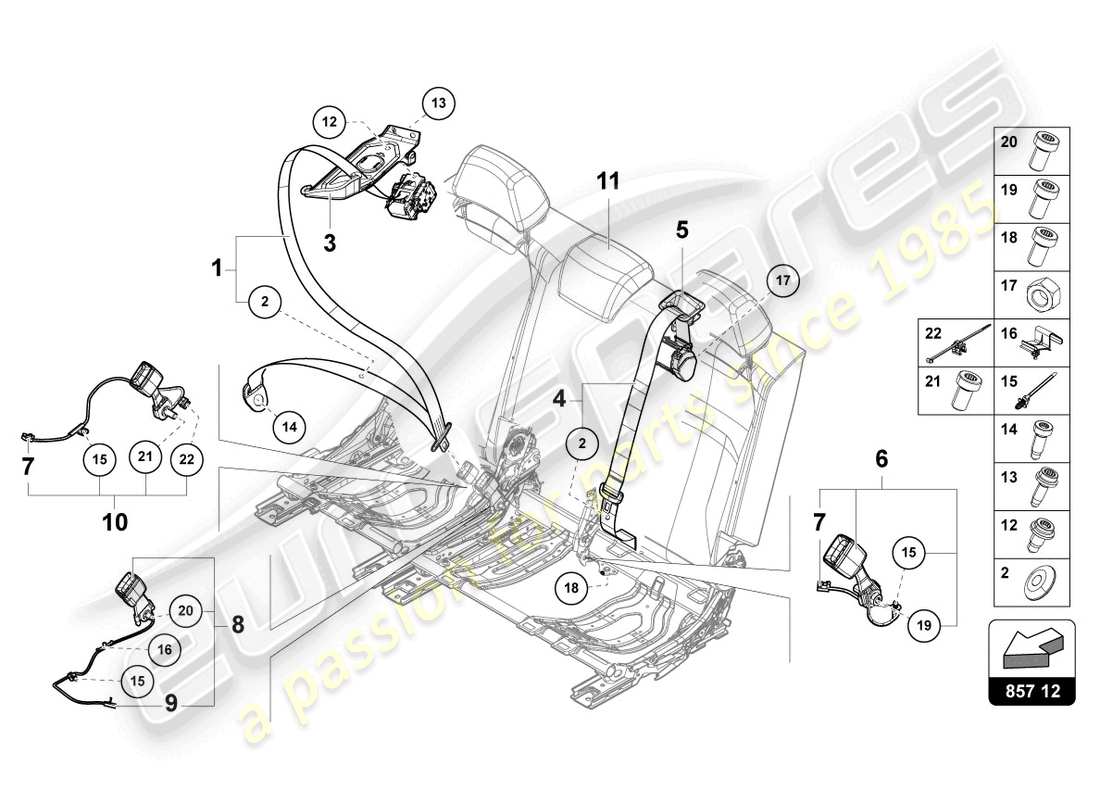 lamborghini urus (2020) cintura di sicurezza a tre punti 3. panca sedile schema delle parti