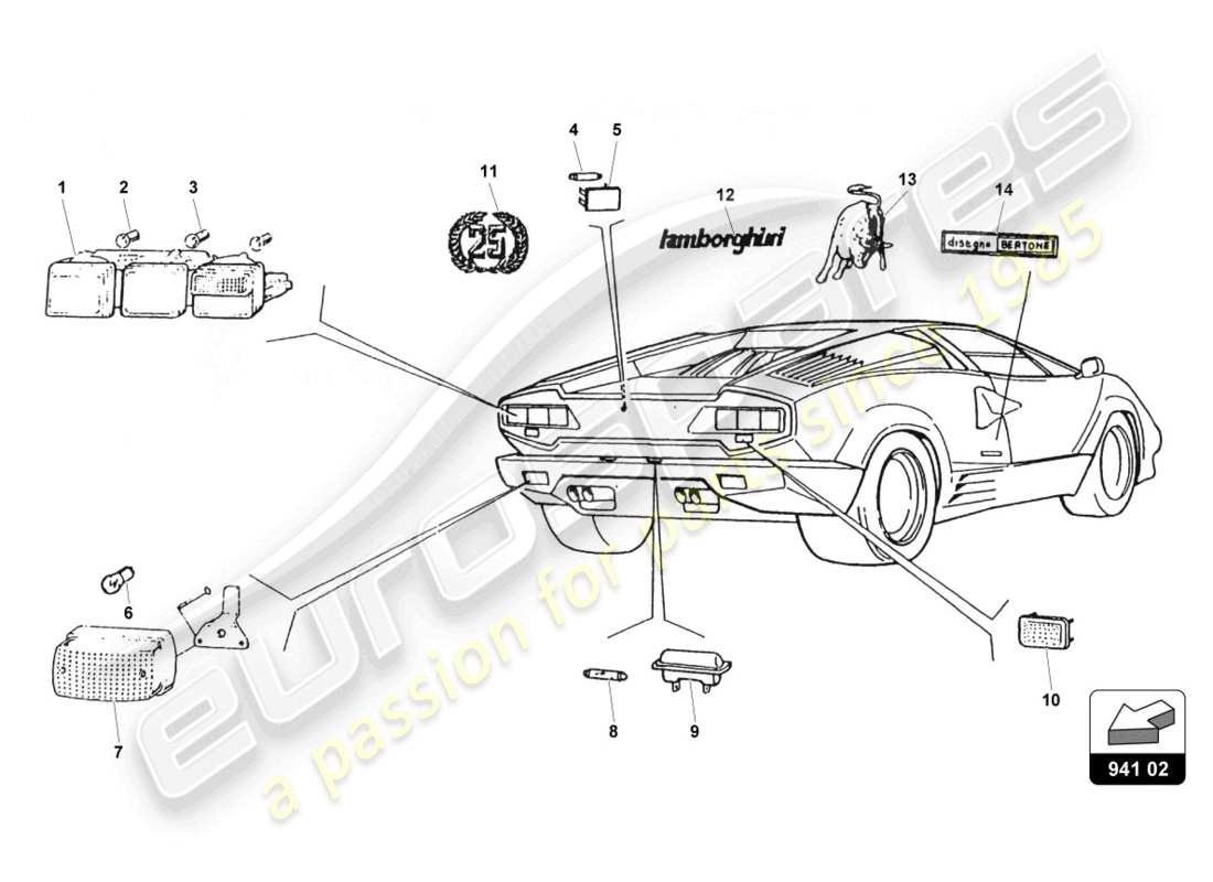 lamborghini countach 25th anniversary (1989) luci posteriori diagramma delle parti