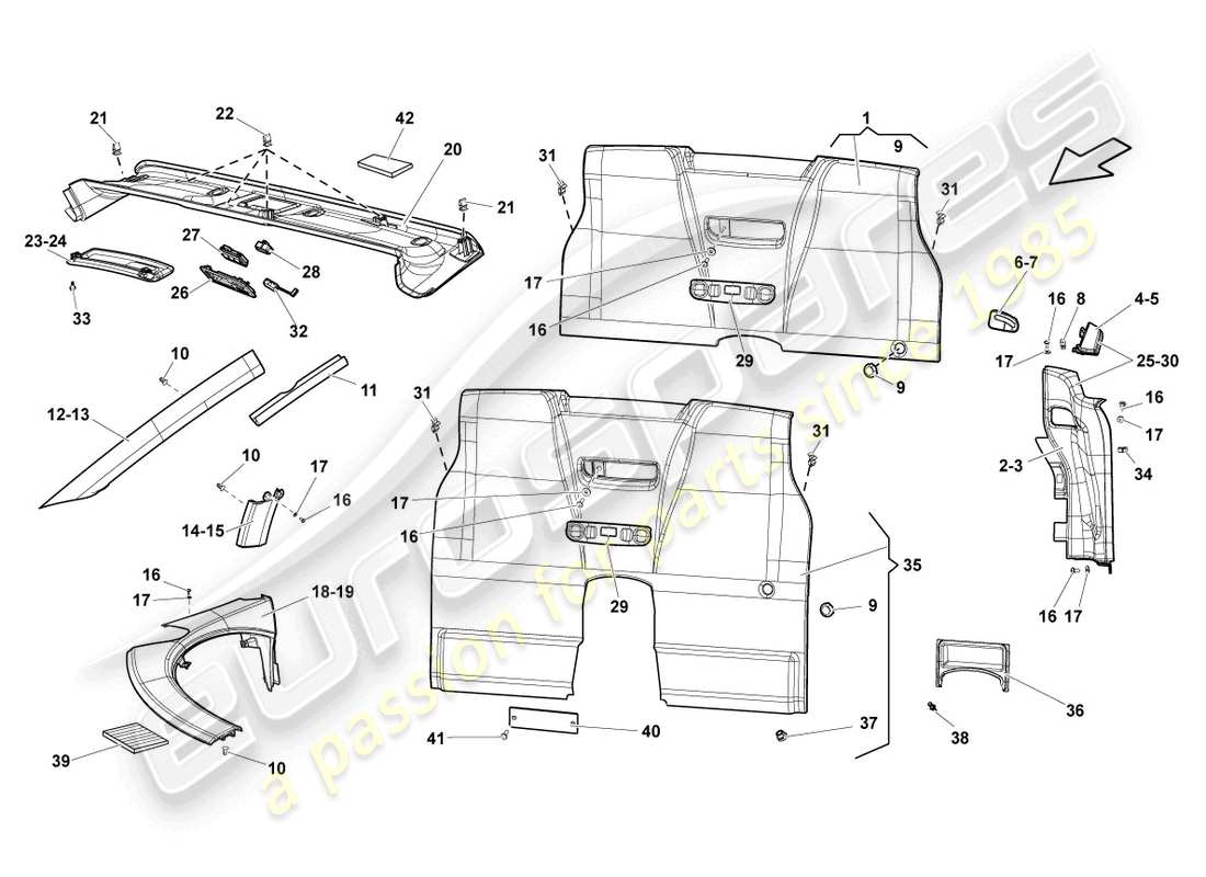 lamborghini gallardo spyder (2006) rivestimenti del tetto e dei pilastri schema delle parti