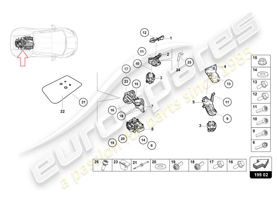 lamborghini evo spyder (2021) parti di fissaggio del motore schema delle parti