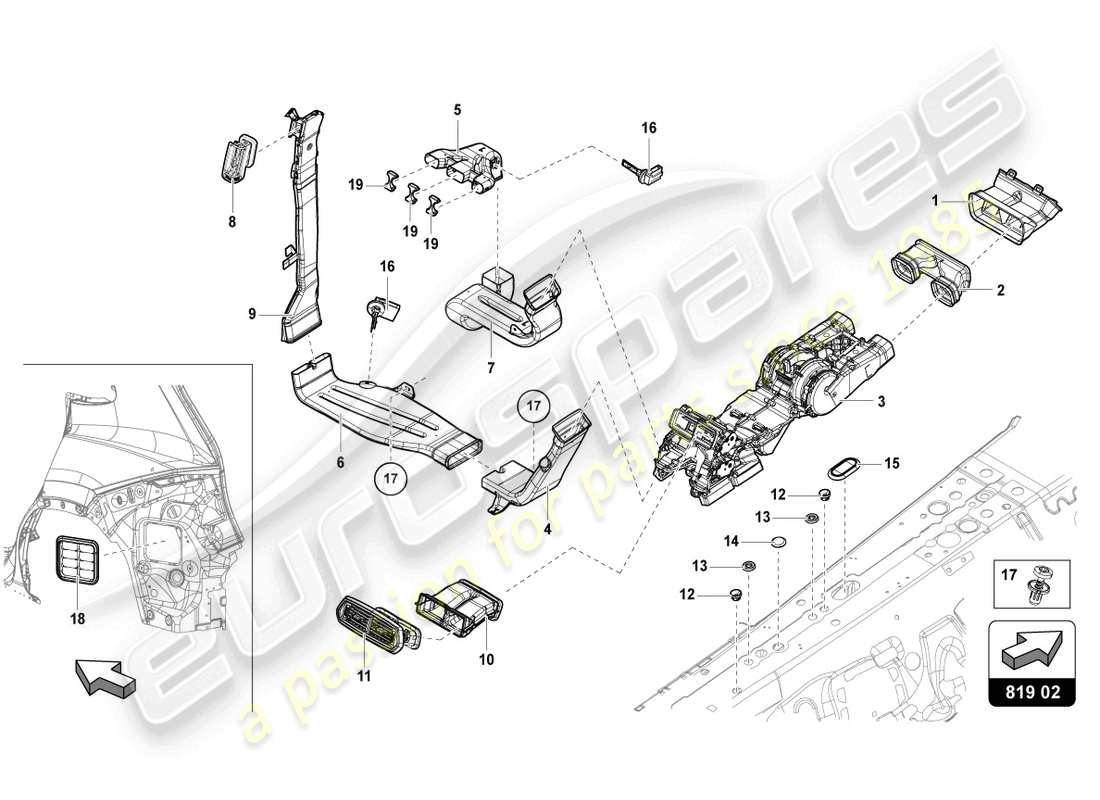 lamborghini urus performante (2024) ventola posteriore centrale diagramma delle parti