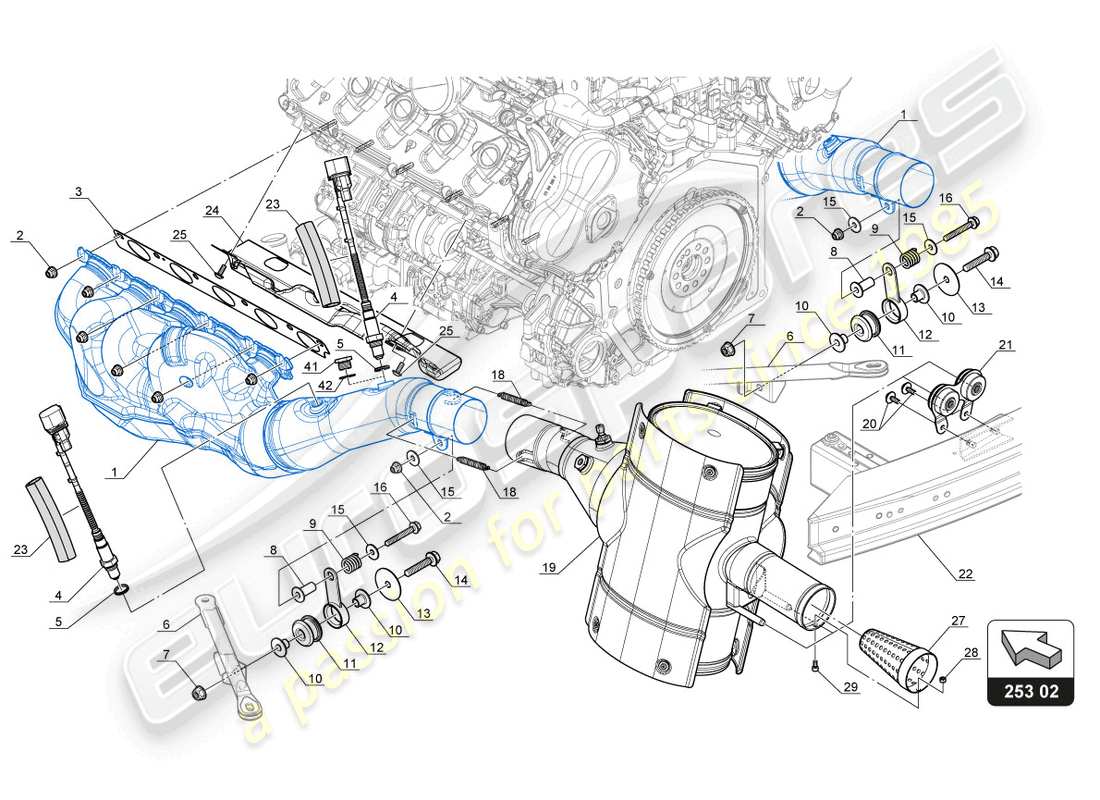 lamborghini gt3 evo (2018) schema delle parti del sistema di scarico silenziato