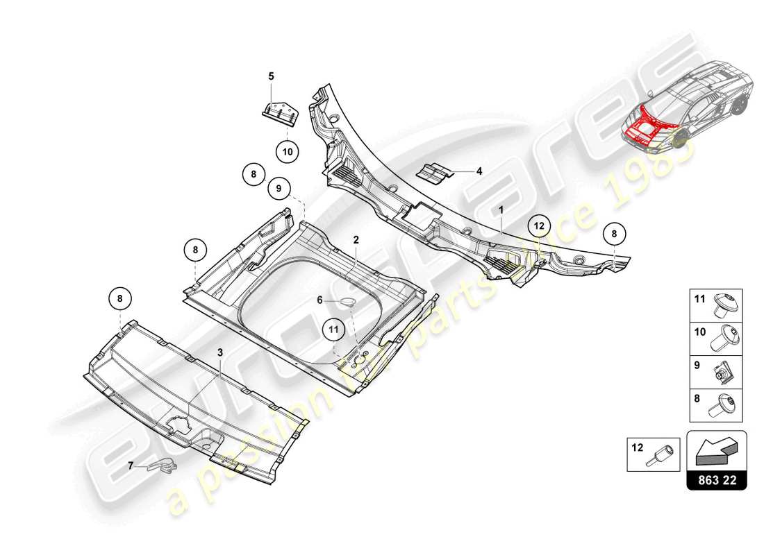 lamborghini countach lpi 800-4 (2022) completo bagagli rivestimento del pavimento schema delle parti