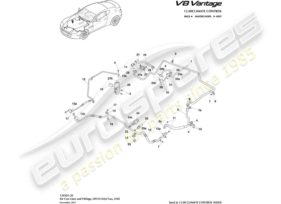 aston martin v8 vantage (2014) diagramma delle parti linee aria condizionata, gas hfo1234yf, guida a sinistra