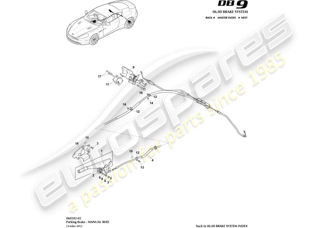 aston martin db9 (2016) freno di stazionamento, schema delle parti con guida a destra