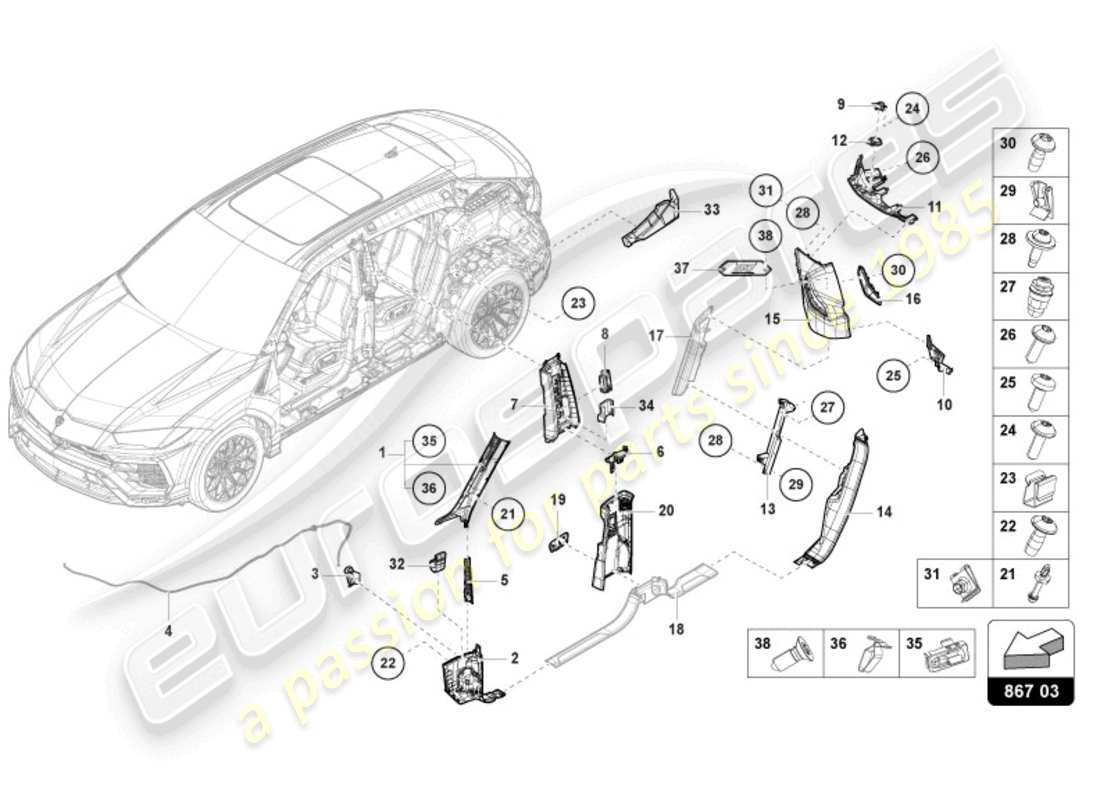 lamborghini urus (2020) rivestimento pilastro diagramma delle parti