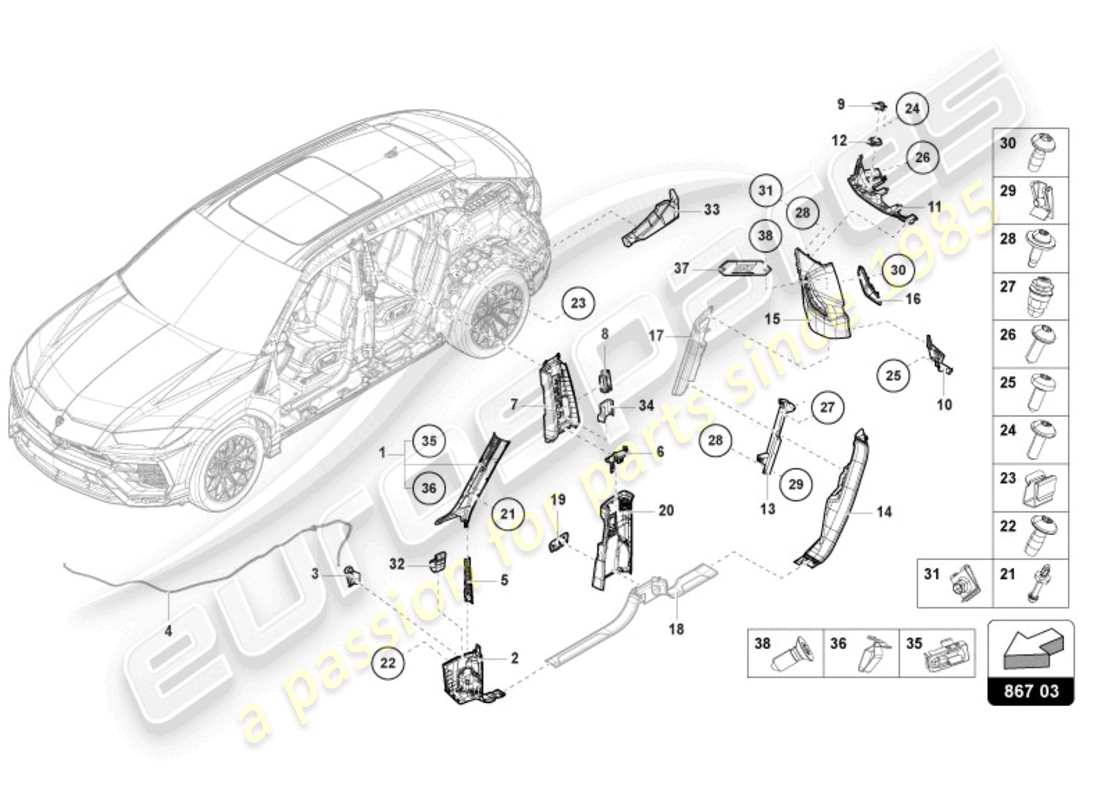 lamborghini urus (2020) diagramma delle parti del rivestimento del pilastro