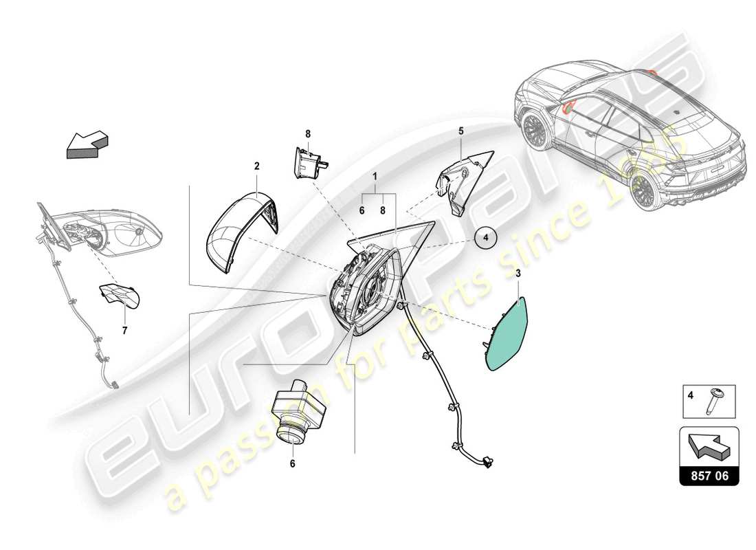 lamborghini urus performante (2023) specchio esterno diagramma delle parti