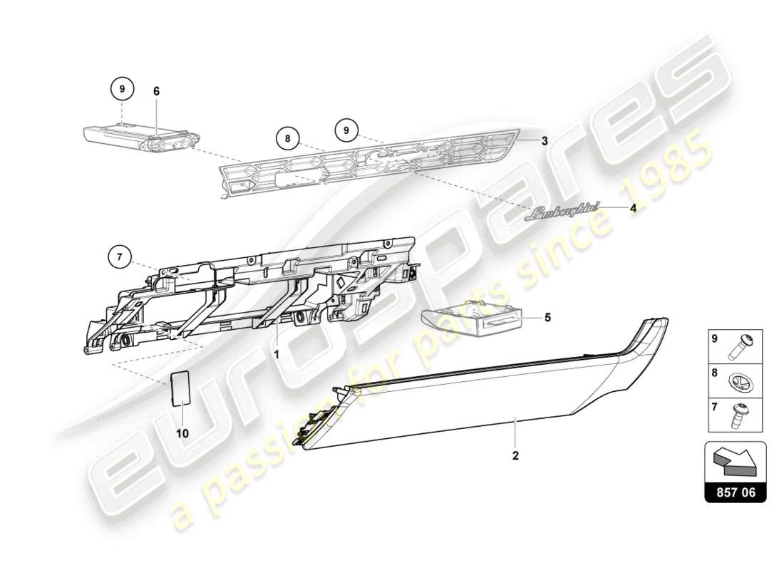 lamborghini 2024 (tecnica) diagramma delle parti del vano portaoggetti