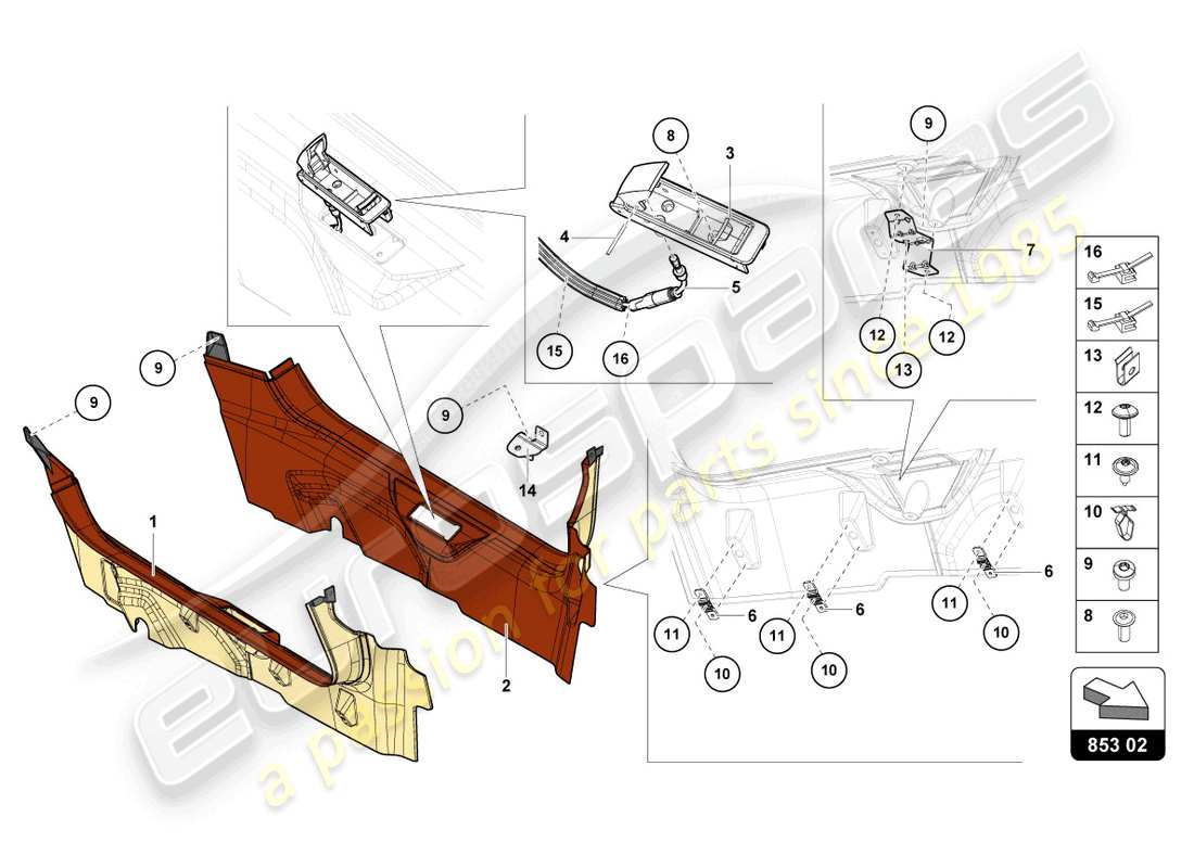 lamborghini lp770-4 svj coupe (2022) diagramma delle parti del rivestimento del pilastro