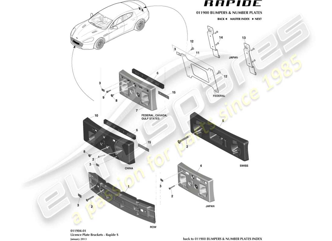 aston martin rapide (2012) zoccolo della targa, diagramma della parte s