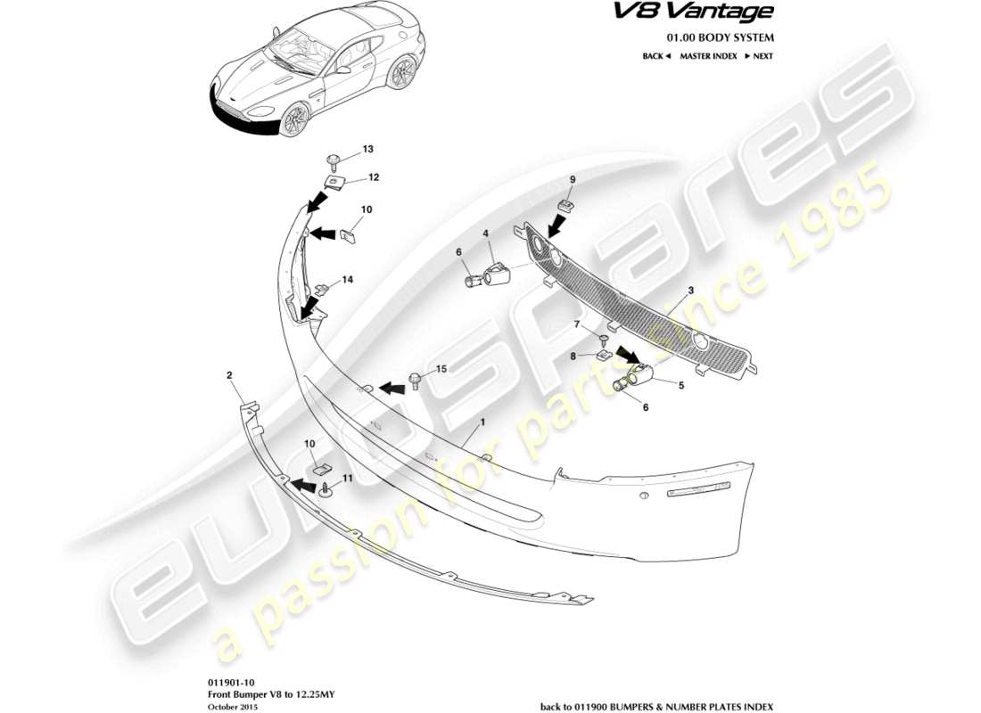 aston martin v8 vantage (2014) paraurti anteriore, diagramma delle parti 12.25my