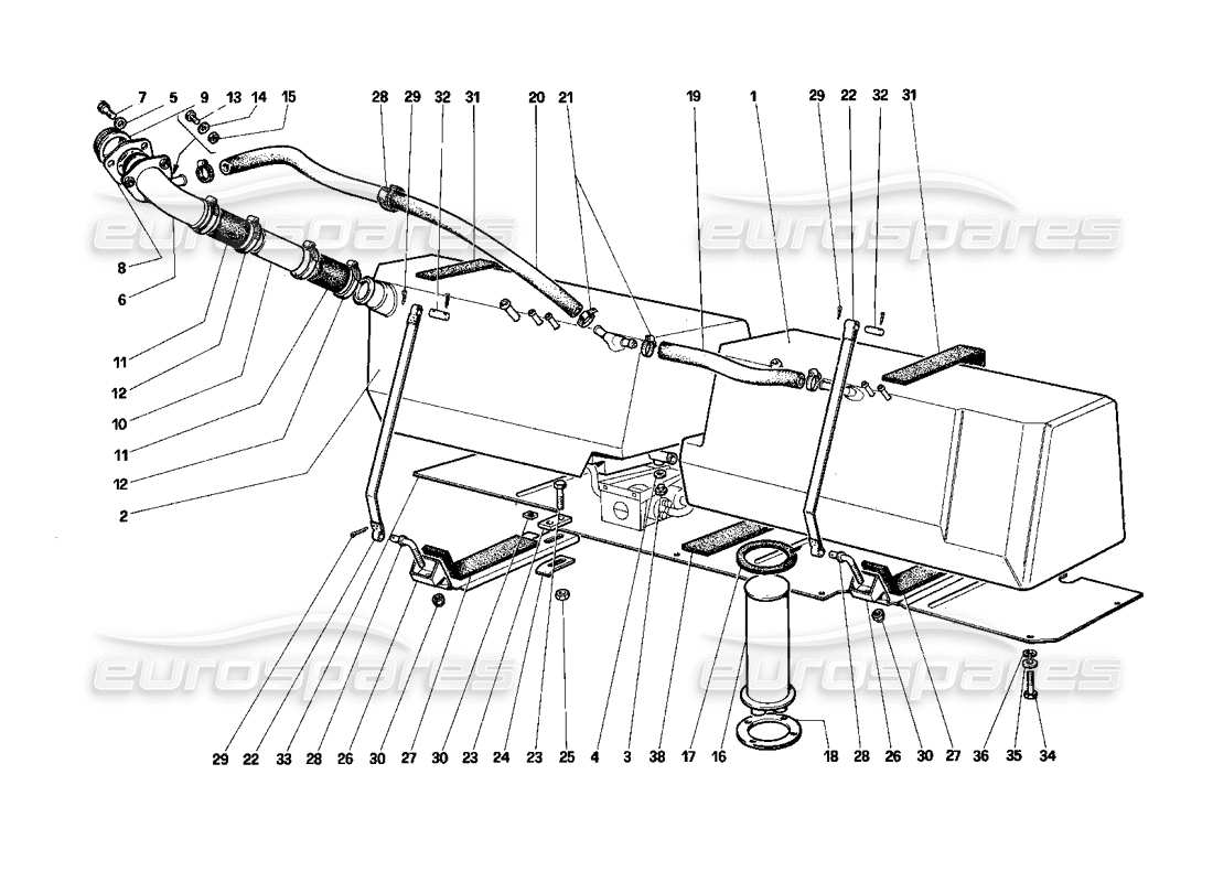ferrari testarossa (1987) diagramma delle parti dei serbatoi di carburante (per stati uniti e sa).