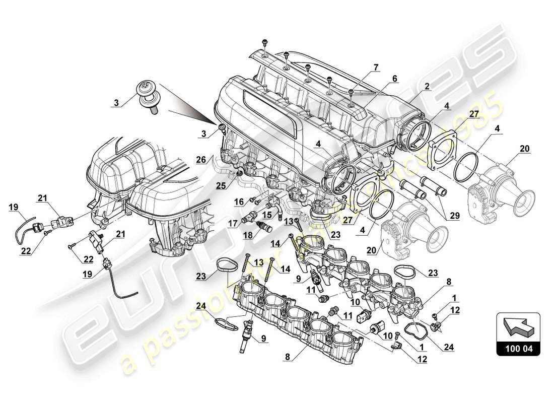 lamborghini 2018 (gt3 evo) diagramma delle parti del collettore di aspirazione dell'aria