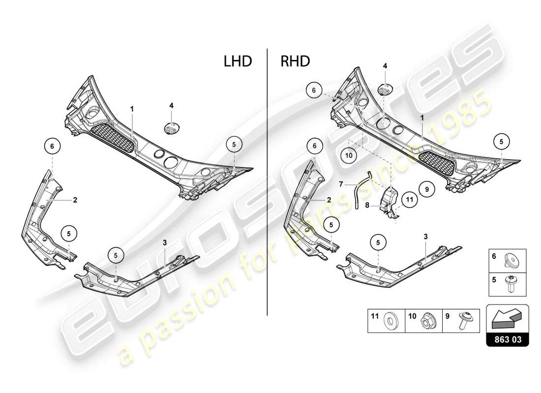 lamborghini tecnica (2024) copertura estremità anteriore diagramma delle parti