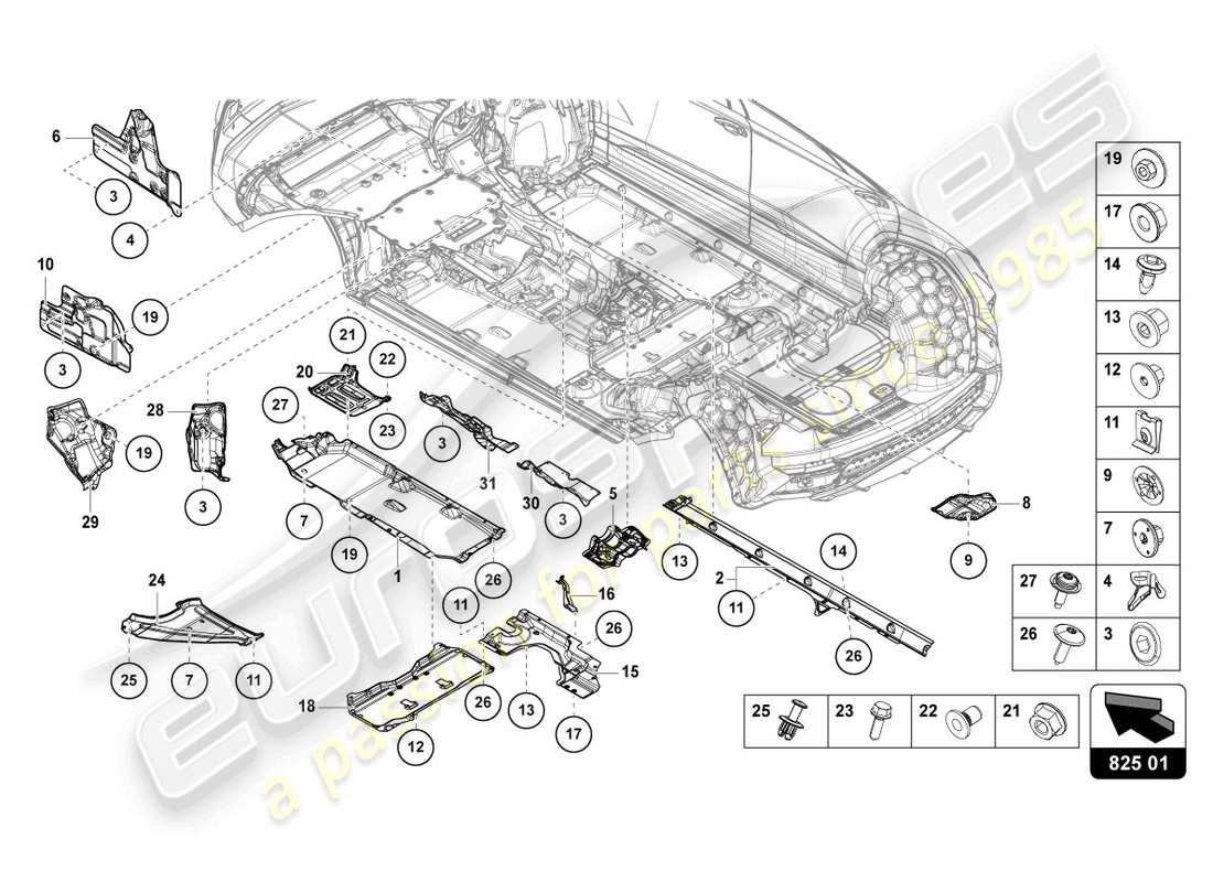 lamborghini urus performante (2023) rivestimento sottoscocca diagramma delle parti