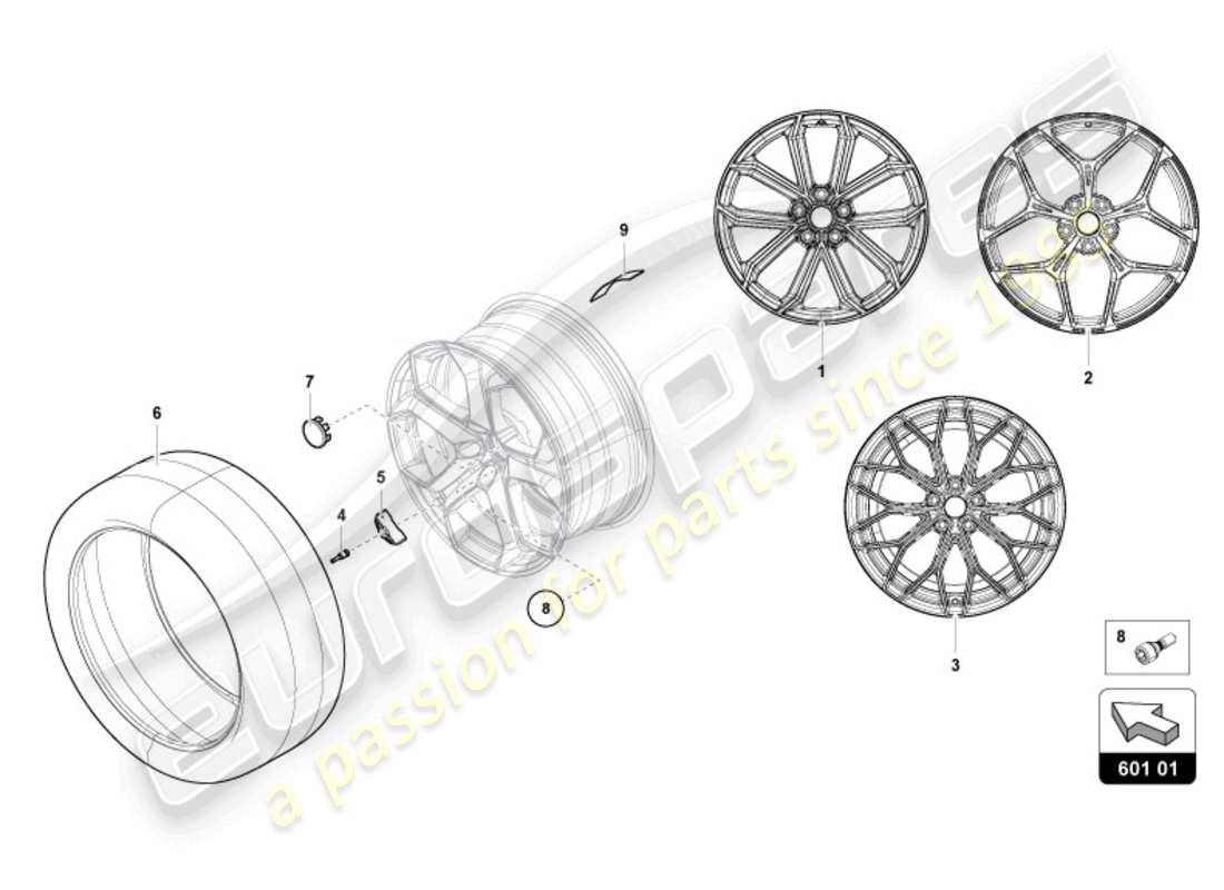 lamborghini revuelto coupe (2024) ruote/pneumatici diagramma delle parti