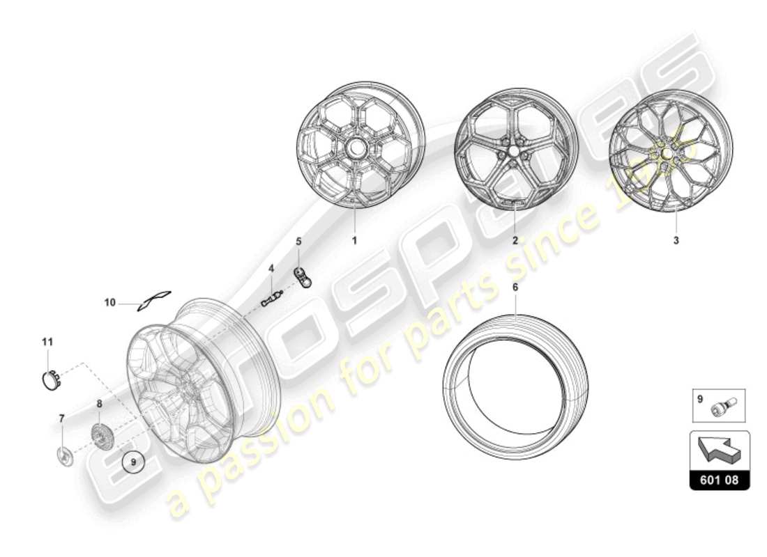 lamborghini tecnica (2024) ruote/pneumatici posteriori diagramma delle parti