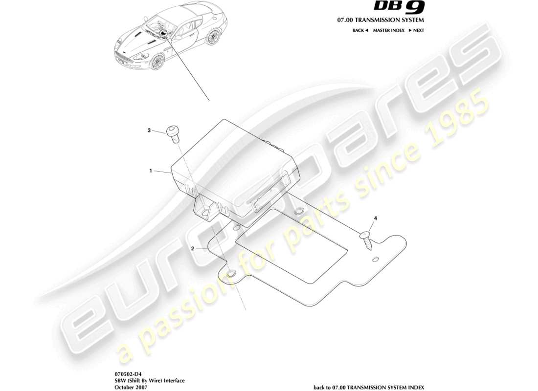 aston martin db9 (2010) diagramma delle parti dell'interfaccia shift by wire