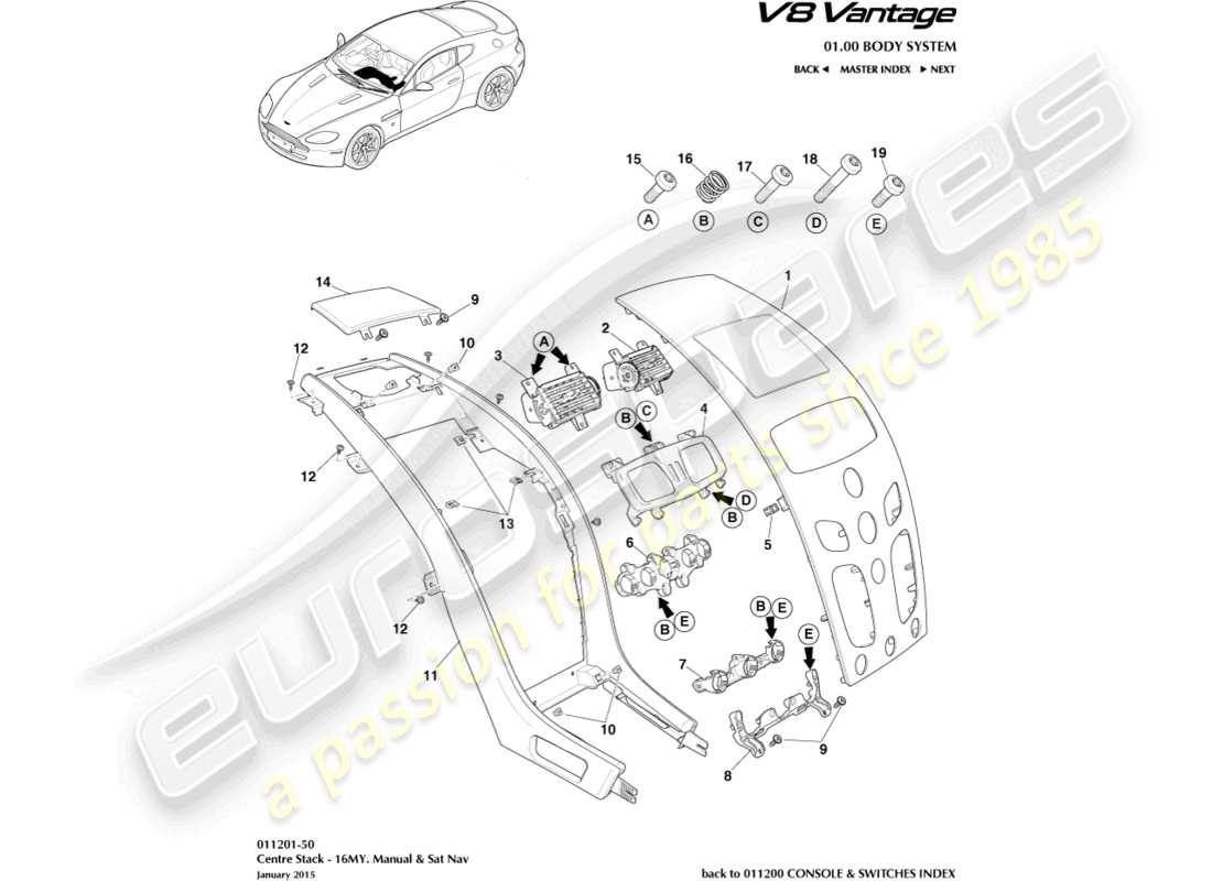 aston martin v8 vantage (2012) pila centrale, manuale, diagramma delle parti 16my