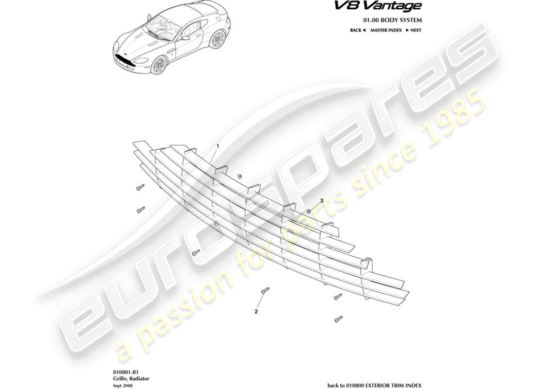 aston martin v8 vantage (2006) diagramma delle parti della griglia del radiatore