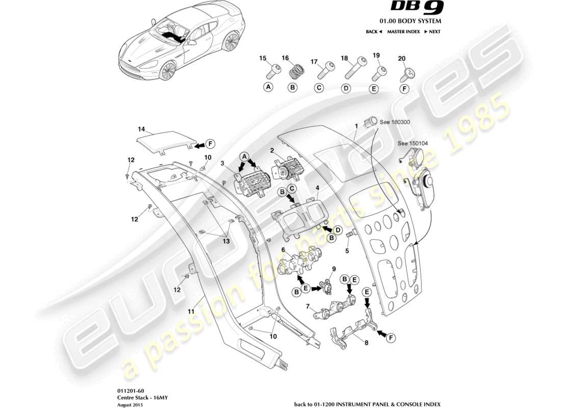 aston martin db9 (2014) cascata, diagramma delle parti 16my