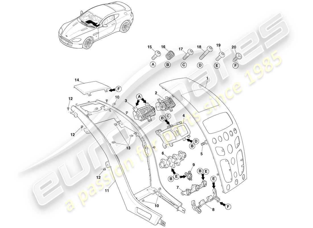 aston martin v8 vantage (2007) pila centrale, asm, diagramma delle parti 16my