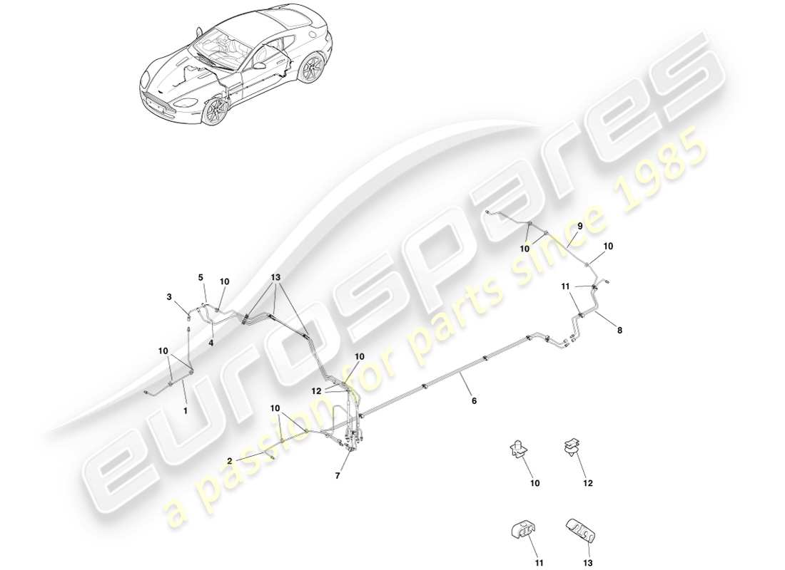 aston martin v8 vantage (2005) diagramma delle parti di tubazioni e tubi flessibili dei freni, guida a destra