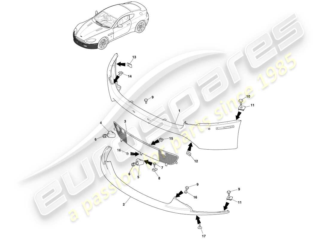 aston martin v8 vantage (2005) paraurti anteriore, 12.25my acceso e v8s diagramma delle parti