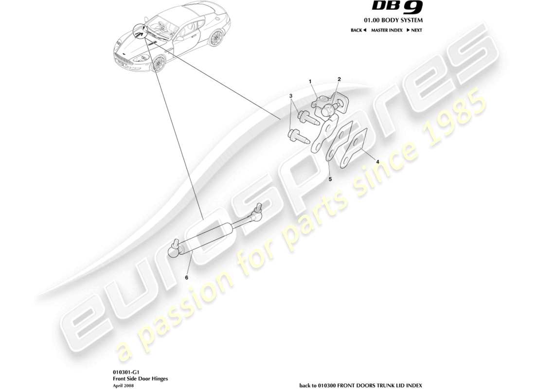 aston martin db9 (2007) schema delle parti delle cerniere della porta