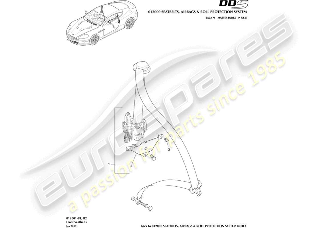 aston martin dbs (2009) cinture di sicurezza anteriori diagramma delle parti