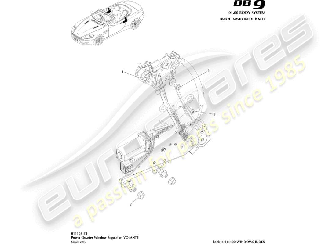 aston martin db9 (2012) regulatoren im hinteren viertel, volante teilediagramm