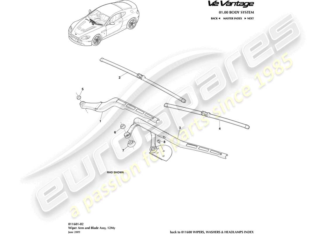 aston martin v12 vantage (2010) gruppo spazzola tergicristallo, diagramma delle parti 12my