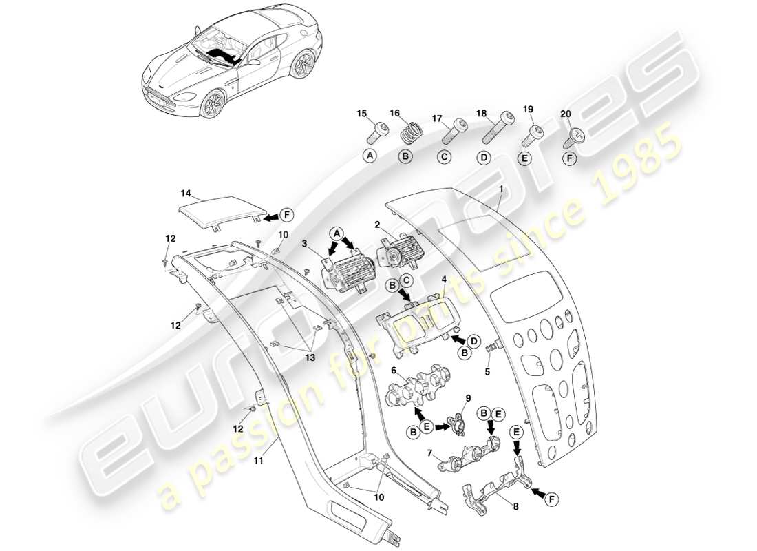 aston martin v8 vantage (2005) pila centrale, asm, diagramma delle parti 16my