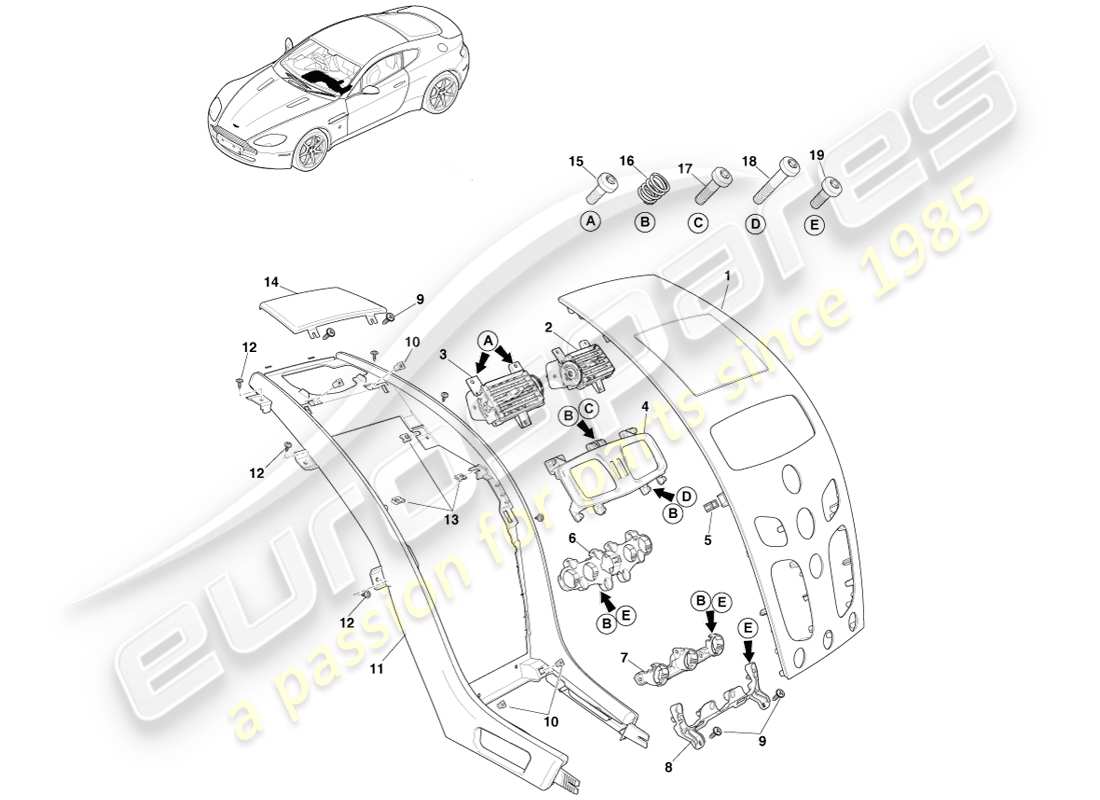 aston martin v8 vantage (2005) pila centrale, manuale, diagramma delle parti 16my