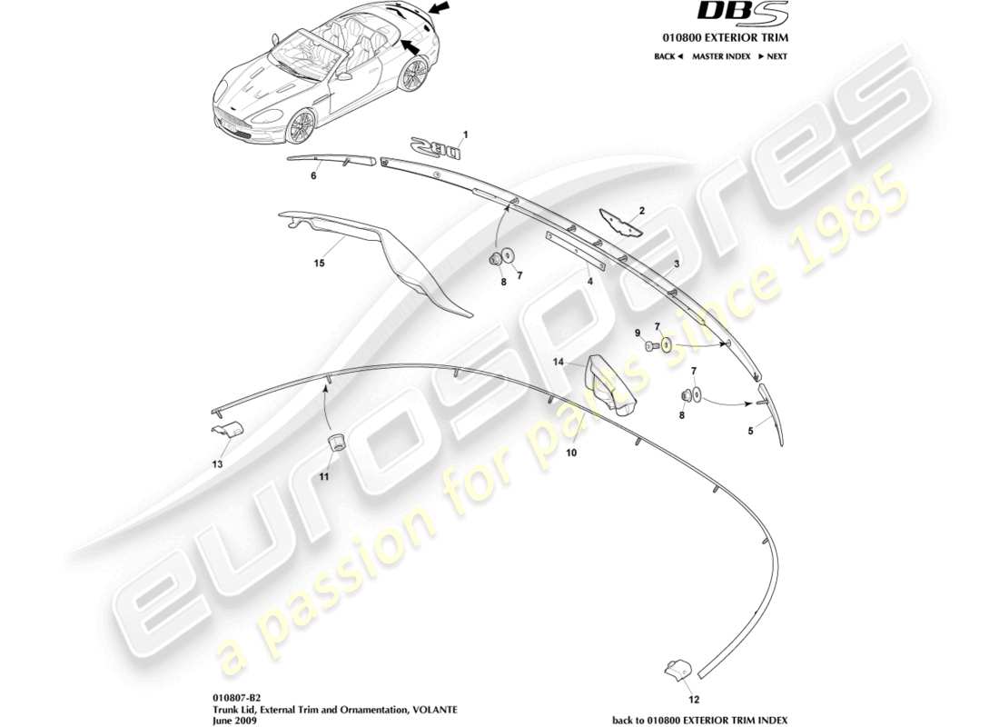 aston martin dbs (2010) kofferraumdeckelverkleidung, volante teilediagramm
