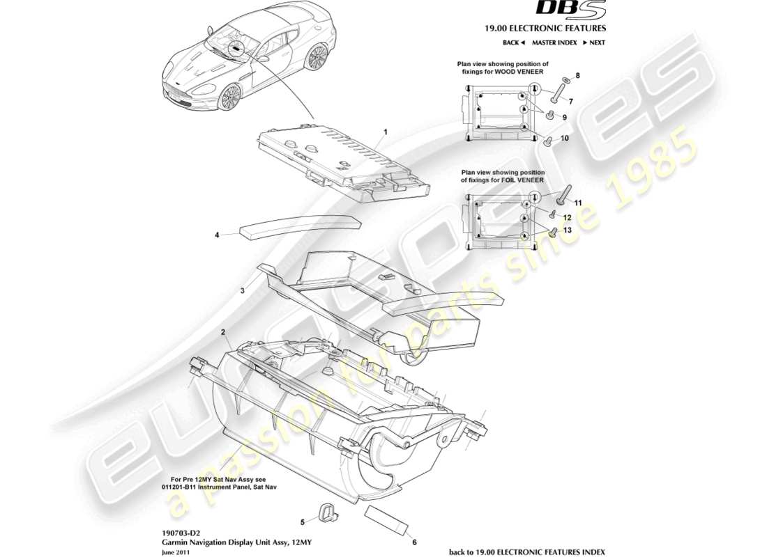 aston martin dbs (2011) display di navigazione, 12my diagramma delle parti