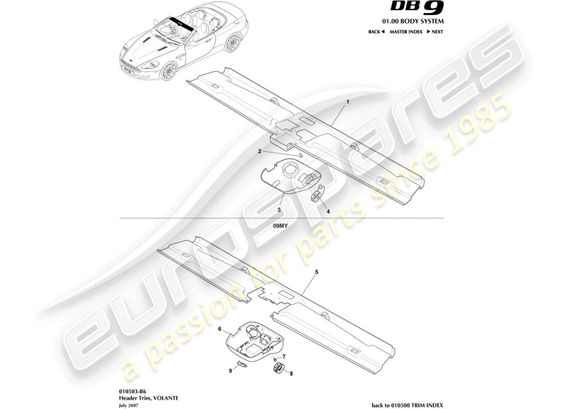 aston martin db9 (2011) kopfverkleidung, volante teilediagramm