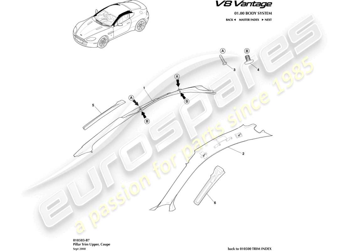 aston martin v8 vantage (2012) schema del rivestimento del montante, della parte superiore e della parte coupé