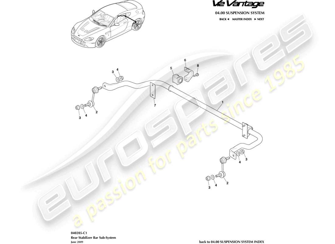 aston martin v12 vantage (2010) diagramma delle parti della barra stabilizzatrice posteriore