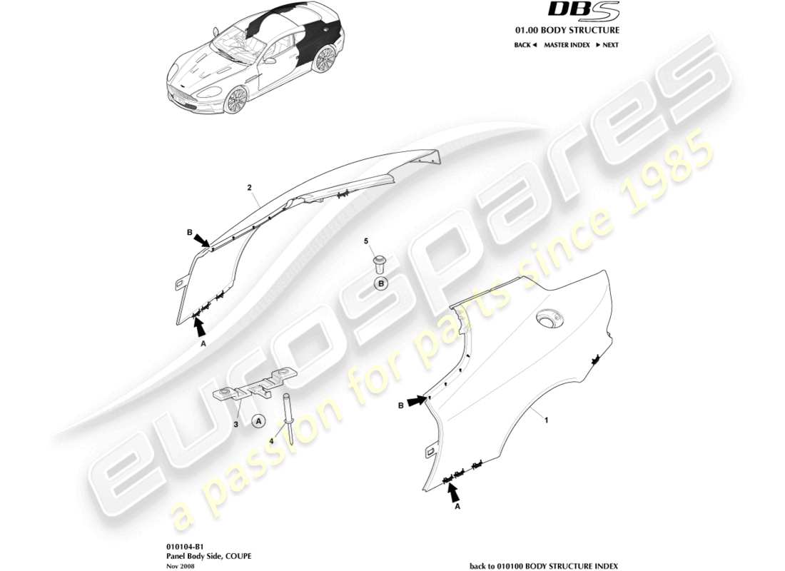 aston martin dbs (2009) pannello laterale della carrozzeria, coupé diagramma delle parti