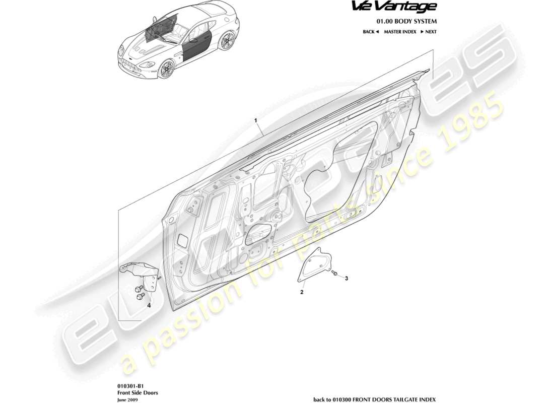 aston martin v12 vantage (2011) schema delle parti delle porte laterali anteriori