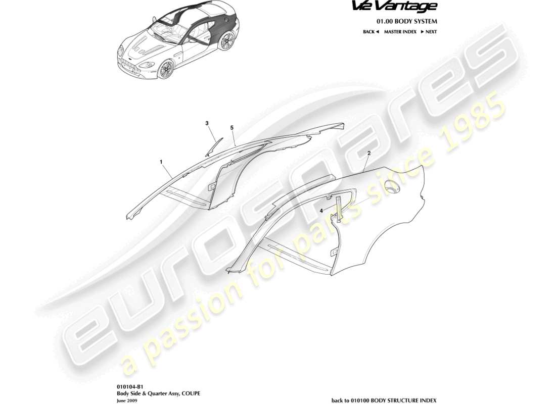 aston martin v12 vantage (2010) lato della carrozzeria del pannello, diagramma della parte coupé