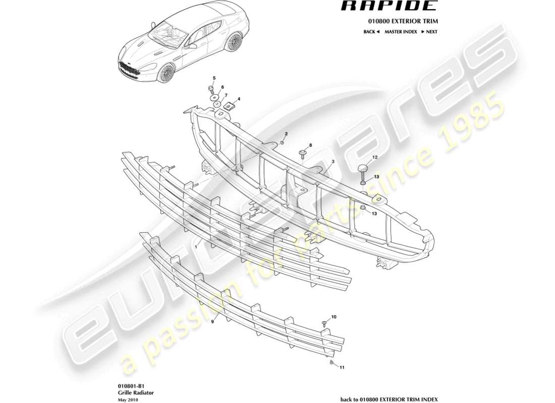 aston martin rapide (2012) diagramma delle parti della griglia del radiatore
