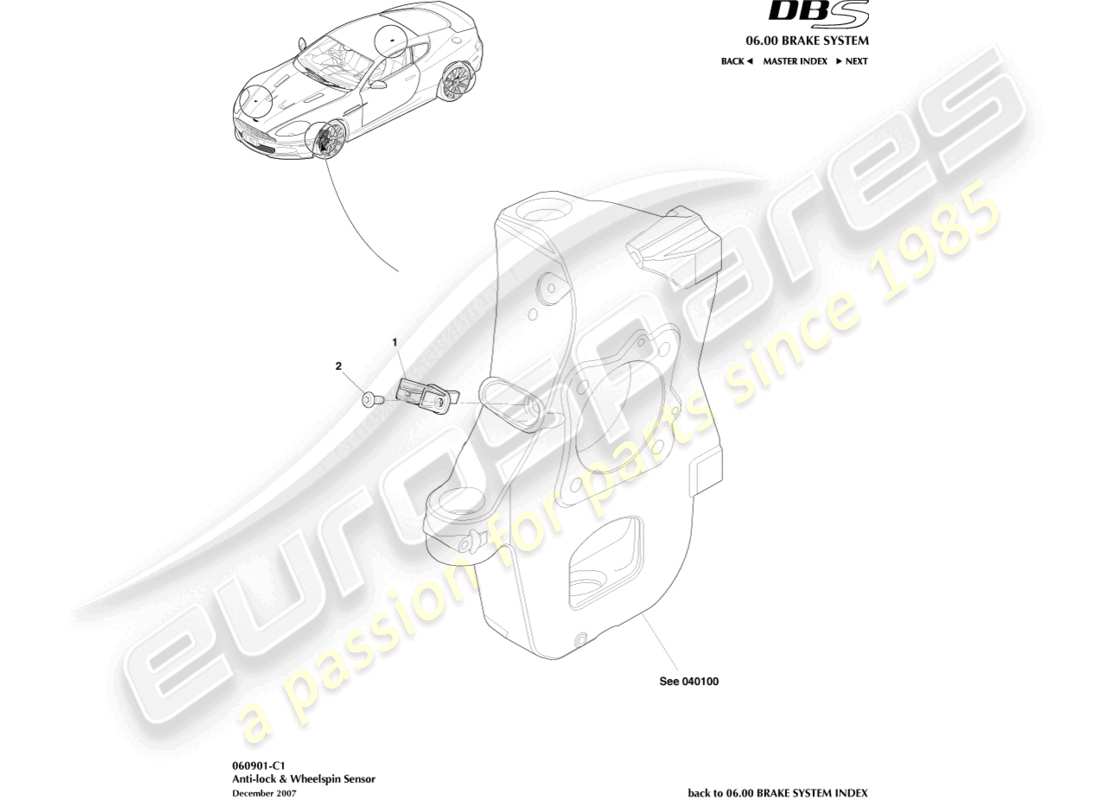 aston martin dbs (2012) sensore antibloccaggio e rotazione delle ruote diagramma delle parti