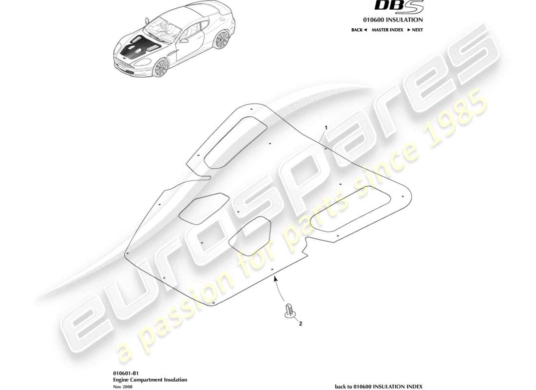 aston martin dbs (2010) isolamento acustico, comp. motore diagramma delle parti