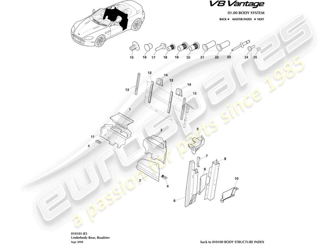 aston martin v8 vantage (2018) sottoscocca posteriore, schema delle parti della roadster